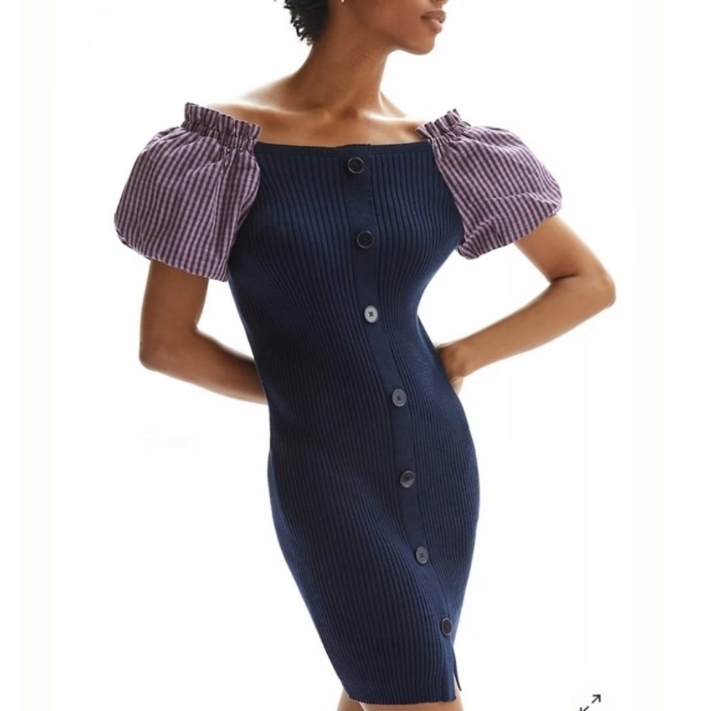 Maeve Puff-Sleeve Ribbed Sweater Mini Dress